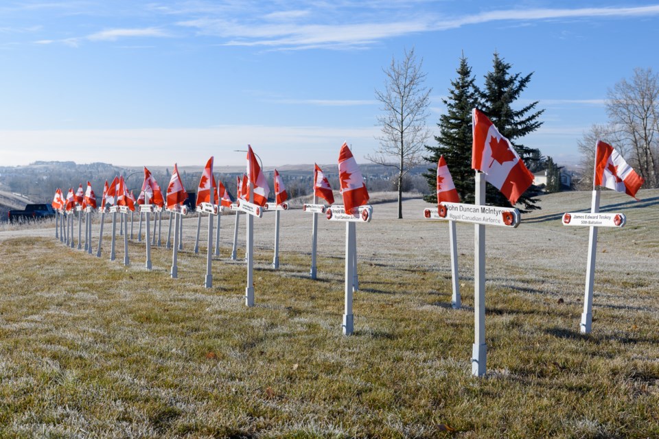 A Field of Crosses stands along Northridge Drive, near Sandstone Gate, in Okotoks on Nov. 1. The crosses will be in place until Remembrance Day.