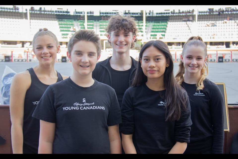 Five Foothills youth are on the Young Canadians roster at the Calgary Stampede's 2024 Grandstand Show. From left: Natalli Bencharski, Nash Bencharski, Jack Leathwaite, Cleavon Laquibla and Hadley Janssen. 