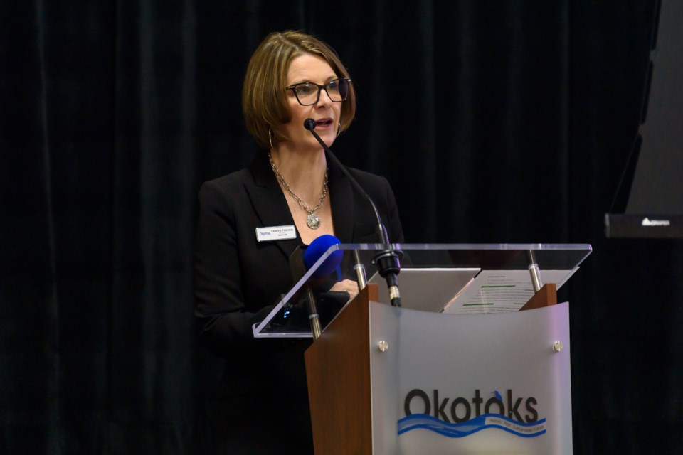 Mayor Tanya Thorn speaks during the Mayor's Town Update at the Viking Rentals Centre in Okotoks on Jan. 16.