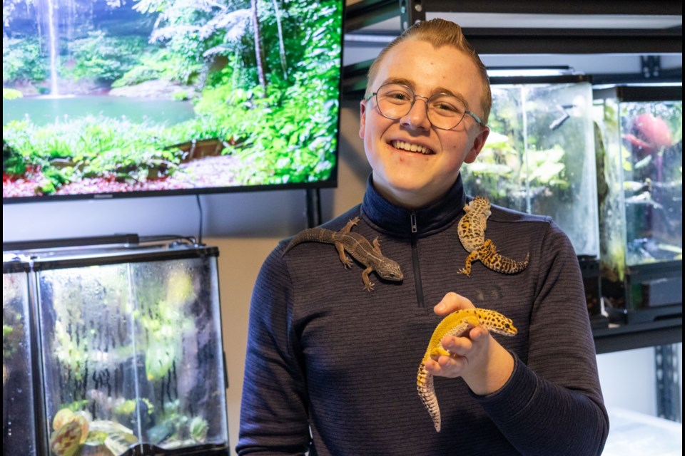 Nolan Asplund of Funky Fresh Reptiles poses for a photo with three of his leopard geckos on Feb. 13.