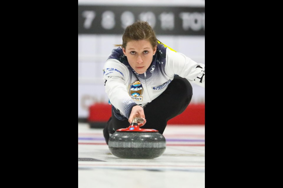 Team Rocque second Becca Hebert throws a rock during fourth draw of the 2020 Sentinel Storage Alberta Scotties Tournament of Hearts at the Murray Arena in Okotoks on Jan. 23. (Evan Buhler/Western Wheel)