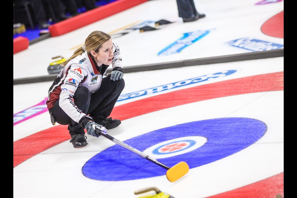 Team Walker skip Laura Walker calls from the back of the house during draw 5 of the 2020 Alberta Scotties at Murray Arena in Okotoks on Jan. 24. (Brent Calver/Western Wheel)