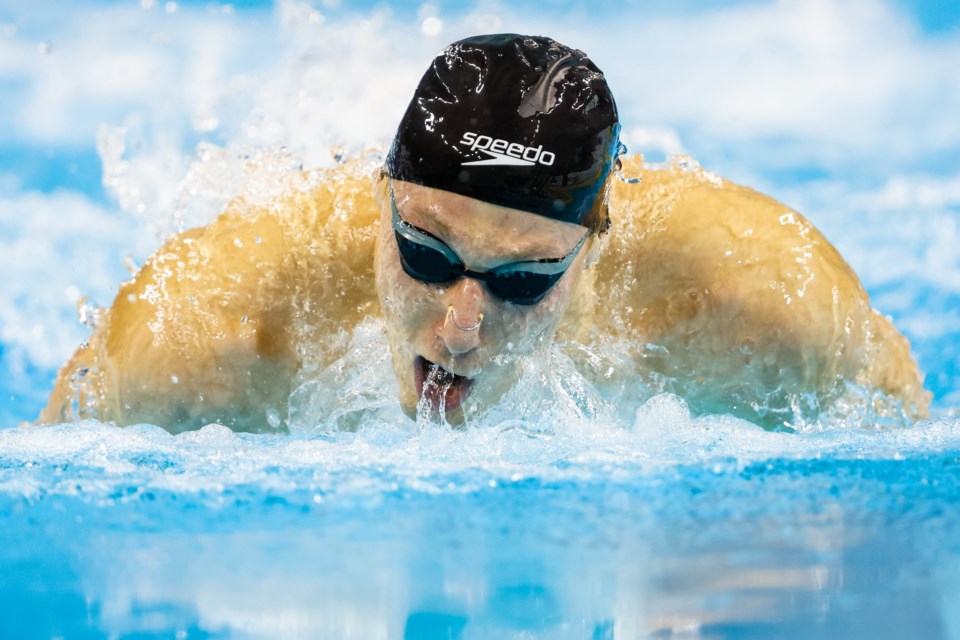 Okotoks' Finlay Knox swims at the 2023 Bell Canadian Swimming Trials where he broke his own national record in the 200m IM en route to qualifying for the 2023 World Aquatics Championships in Japan. (Courtesy of Swimming Canada/Michael P. Hall)