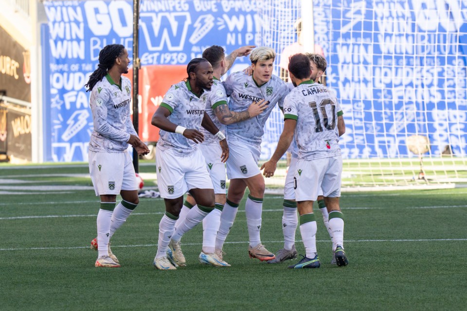 Cavalry FC attacker Tobias Warschewski celebrates his first of two goals in the 2-1 win over Valour FC in Canadian Premier League action on Oct. 19. Warschewski finished as the Golden Boot Winner as the CPL’s top scorer with 12 goals.