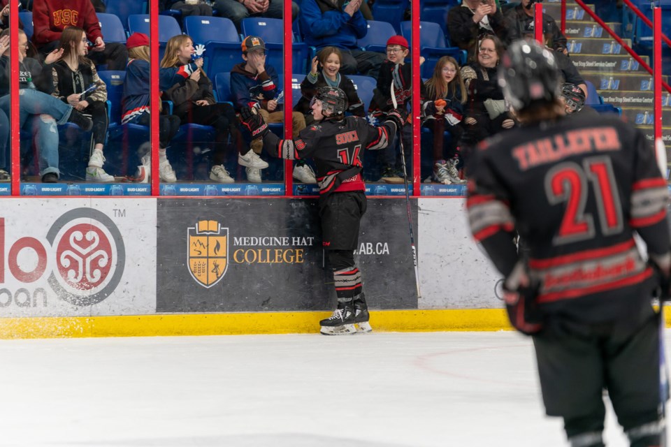 Forward Brock Souch, pictured celebrating a goal as a member of the Brooks Bandits, was traded to the Okotoks Oilers for future considerations on Nov. 1. 