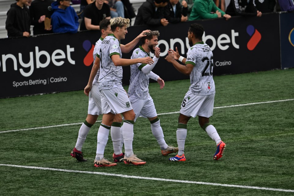 Cavalry FC's Jay Herdman celebrates his first goal with the club, the opening tally in the 4-1 win over Pacific FC on Oct. 5 at Starlight Stadium in Langford, B.C.