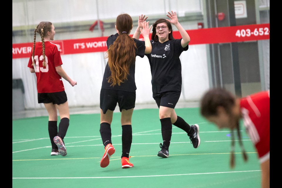 Okotoks United's Isla Arnold celebrates a goal versus West Hills United in the girls U15 division at the Anthem Communities Cup on Jan. 25 at the Cavarly FC Regional Field House.