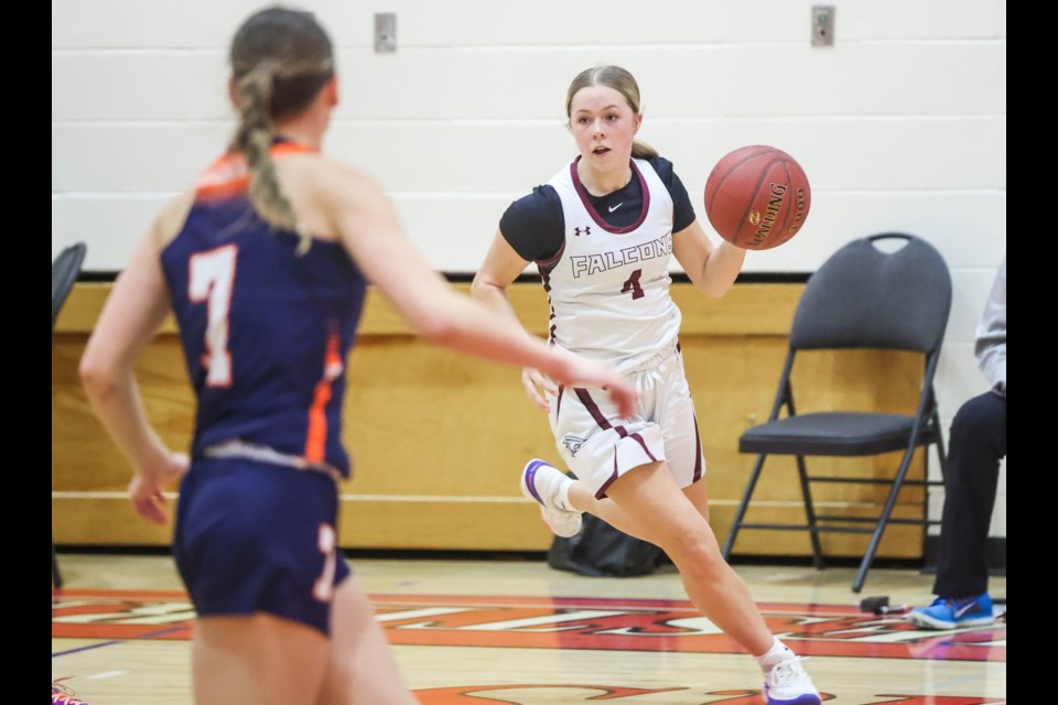 Foothills Falcons guard Dior Sellars keyed the team’s comeback victory in a semifinal thriller over the L.C.I. Rams en route to winning the Green and Gold senior girls basketball tournament in Lethbridge on Dec. 16.