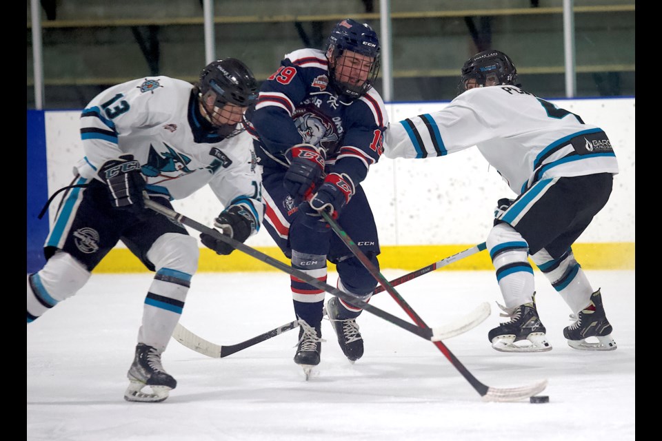 Carstar Okotoks Bisons forward Sam Callahan cuts between the Sylvan Lake Wranglers defence during HJHL regular season action. 