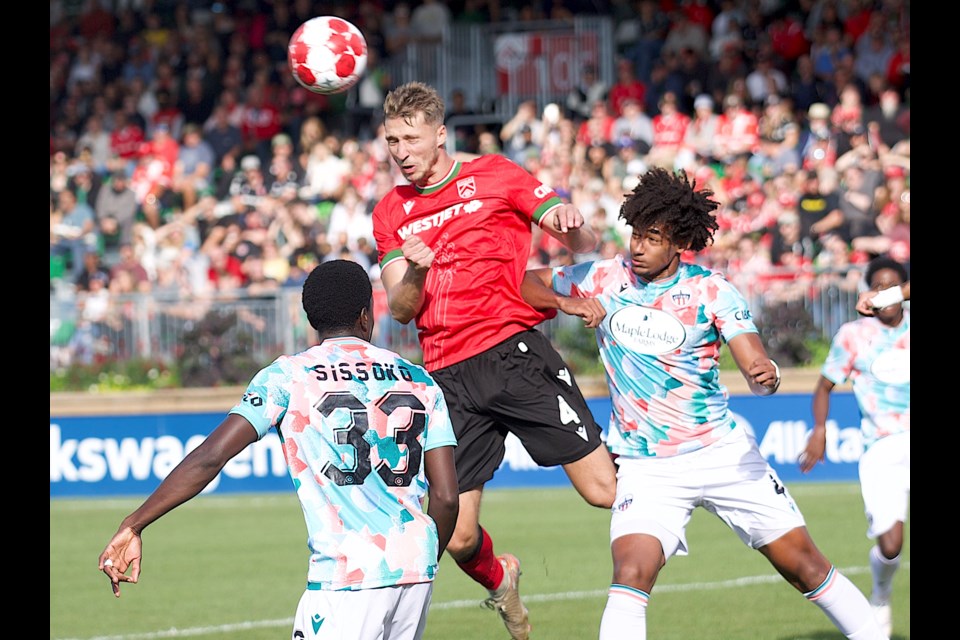 Cavalry FC centre back Daan Klomp gets up for a header on a free kick for the equalizing goal in the 2-2 draw versus Atlético Ottawa on Sept. 15 at Spruce Meadows’ ATCO Field. 