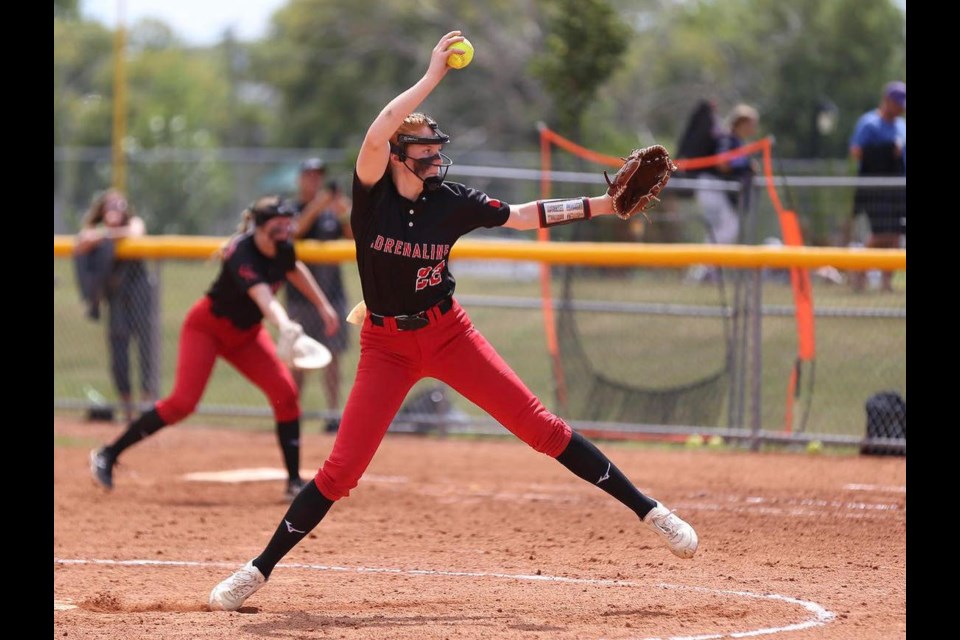 Okotoks’ Claire Sherwood pitches for the Calgary Adrenaline. The Okotokian helped the Adrenaline capture the bronze medal at the Canadian Fastpitch Championships in the U15 division on Aug. 13 in Brandon, Man.