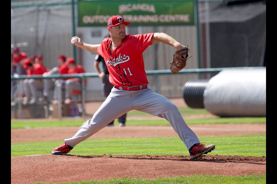 Okotoks Dawgs pitcher Zane Morrison throws from the mound during the team’s front end of a double-header versus the Edmonton Prospects on July 6 at Seaman Stadium. The Dawgs defeated the Prospects four times in the five-game series.