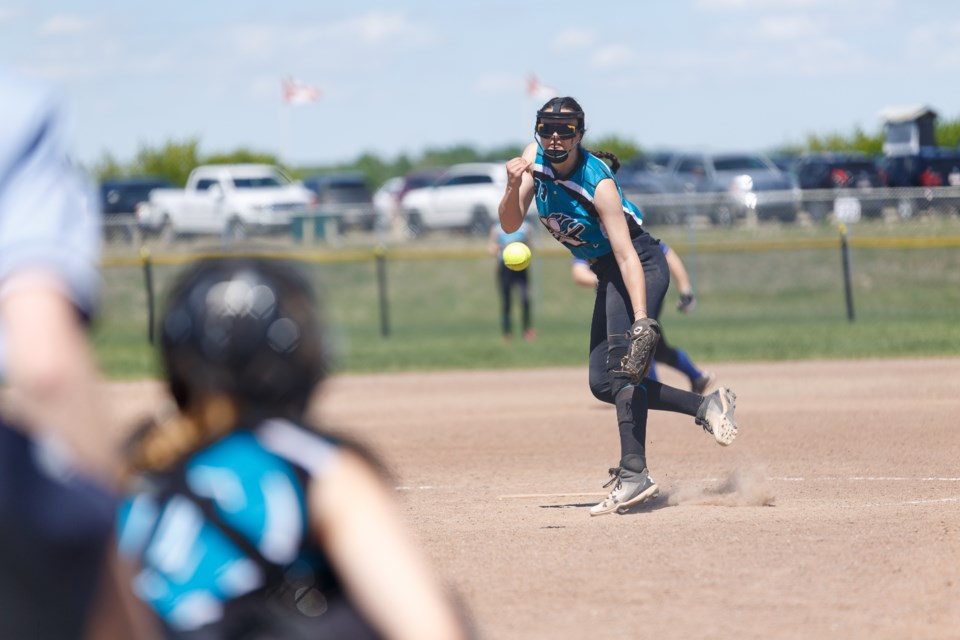 Paige Williams of the Foothills Fury U19 team pitches against the Red Deer Rage on June 7 at the Foothills Fury Classic tournament at Okotoks On Deck.