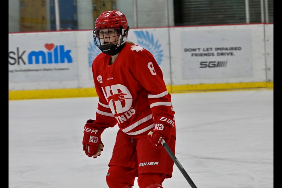 Okotoks’ Maisie Kozak, pictured playing with Saskatchewan’s Notre Dame Hounds, is headed to the U18 Women’s National Hockey Championship next month in New Brunswick as a forward with Team Alberta. (Photo submitted)