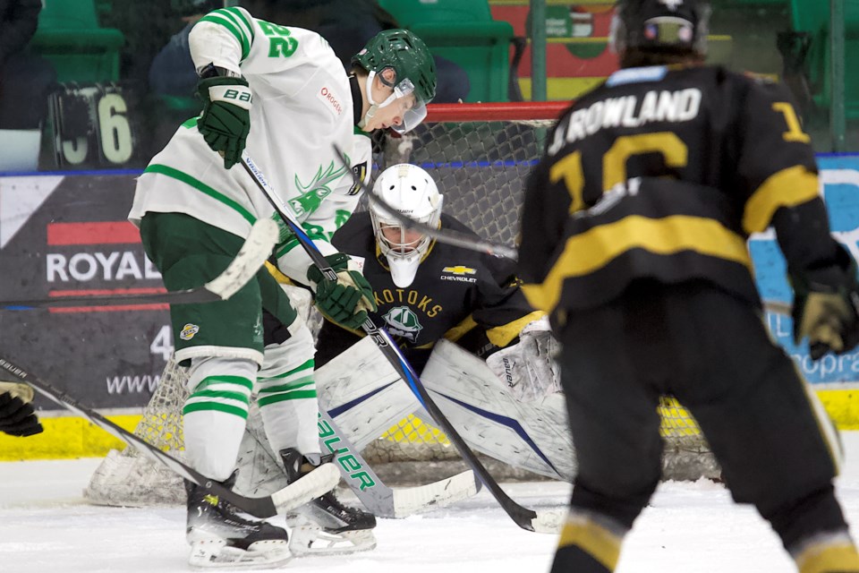 Okotoks Oilers goalie Ben Vatis made 24 saves on 26 shots in his first start in the BCHL on March 15, a 2-1 overtime loss to the Cranbrook Bucks.