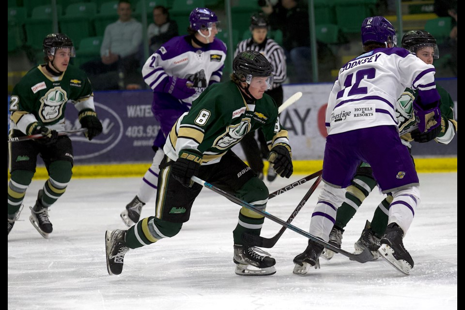 Okotoks Oilers forward Joey Meredith charges up the ice against the Salmon Arm Silverbacks in BCHL action on March 8 at the Viking Rentals Centre. Okotoks lost the game 6-2, but with a win over Spruce Grove on March 7 improved its playoff positioning.