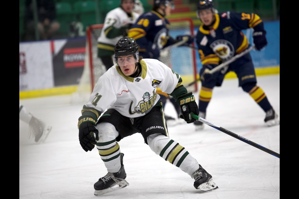 Okotoks Oilers forward Jacob Goudreau defends the point during the late stages of the 4-3 win over the Vernon Vipers in BCHL action on Oct. 20 at Viking Rentals Centre.