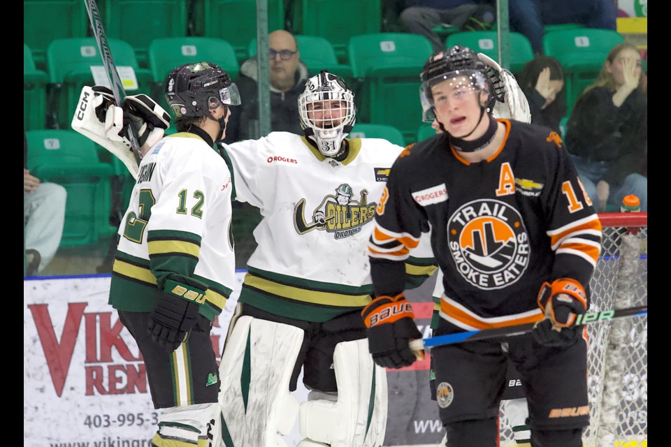 Okotoks Oilers goalie Olivier Ciarlo celebrates the 4-2 win over the Trail Smoke Eaters on Dec. 7 at the Viking Rentals Centre. 