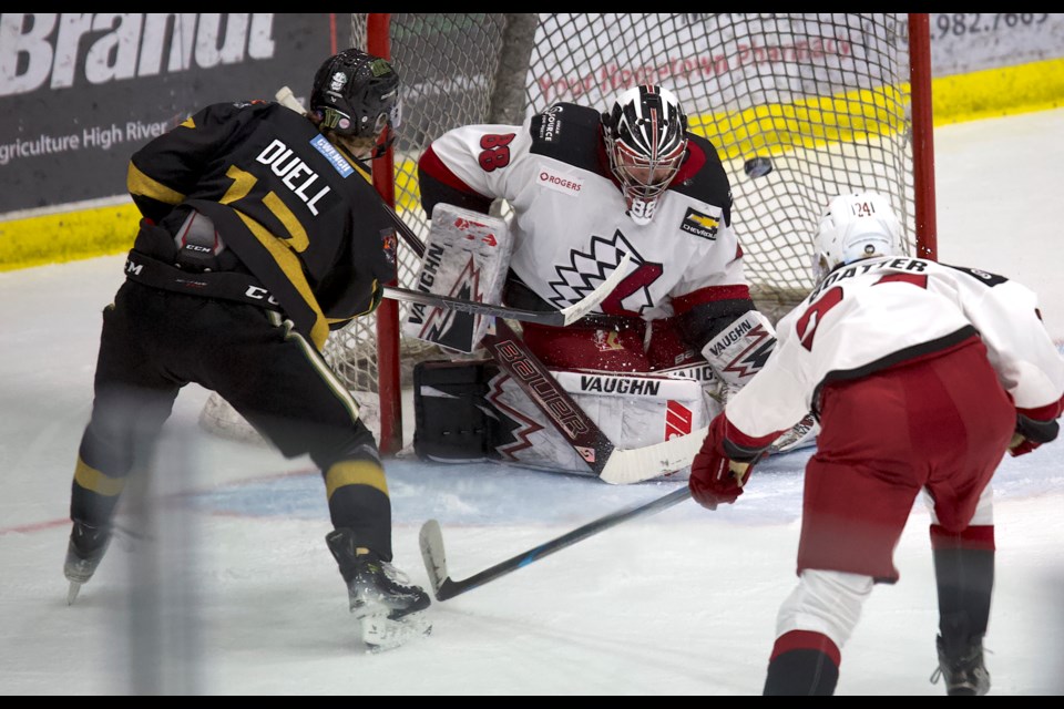 Okotoks Oilers forward Kade Duell fires in his first of three goals during the 8-3 loss to the Chilliwack Chiefs in BCHL action on Feb. 28 at the Viking Rentals Centre.