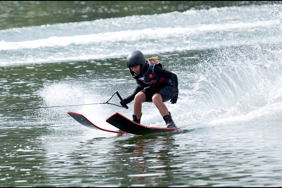 Sofia Pelkey, pictured at the in IWWWF World U17 Waterski Championships at Predator Bay in Foothills County in August, jumped to a personal best 34.2 metres to claim silver in U17 girls jump competition at the 2024 Pan American Water Ski Championships in Bogotá, Colombia. 