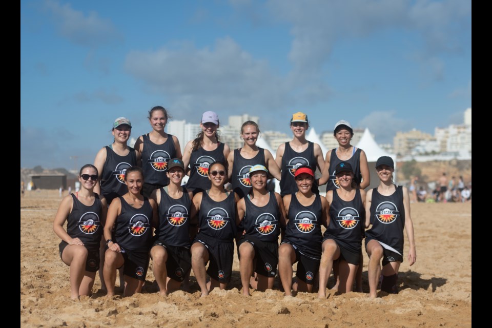 Foothills County resident Scout Rich, a Highwood High School graduate, competed at the 2024 World Beach Ultimate Club Championships from Oct. 14-19 in Portimão, Portugal. Rich is pictured front row, bottom left, with her Remix teammates.