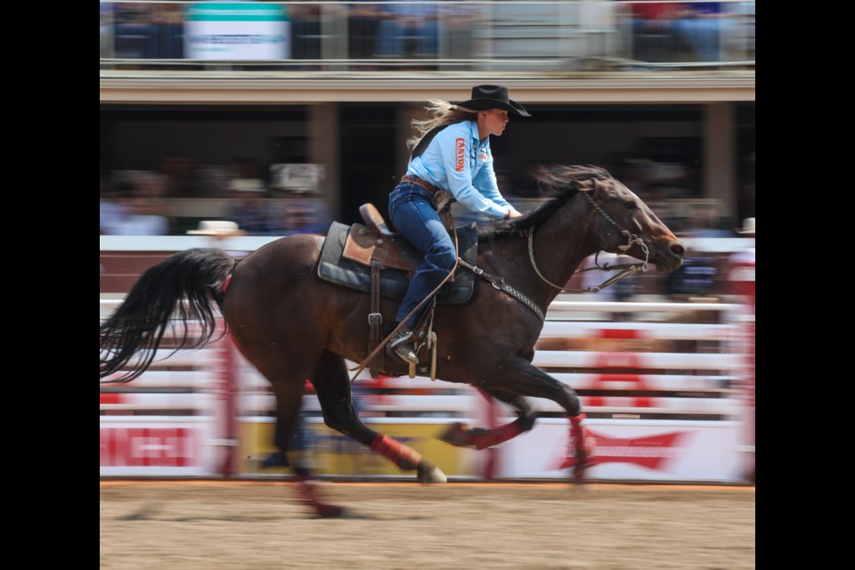 Longview’s Bradi Whiteside returns to the Calgary Stampede Rodeo as a qualifier in the Rocky Mountain Cup Breakaway Roping event, held July 9 in the Nutrien Western Event Centre. 