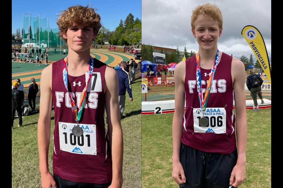 Foothills Falcons track and field athletes Noah Heuver, left, and MacKendrick Weber took home silver medals in the 3,000m and 1,500m events, respectively, at the Alberta Schools’ Athletic Association Track & Field Provincial Championships in Edmonton on June 8. 