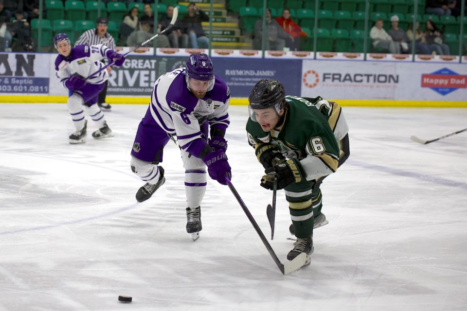 Okotoks Oilers forward Jackson Rowland picks up speed before scoring his first of two goals during Okotoks’ BCHL clash with the Salmon Arm Silverbacks on Jan. 4 at the Viking Rentals Centre. Okotoks won by a 4-1 score. 