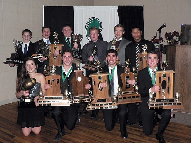 The recipients of the Holy Trinity Academy Knights football banquet on Nov. 27 were, back row, from left, Nick Wiebe, Mackenzie Pickering, Jayce Oancia, Aidan Tilley, Cian