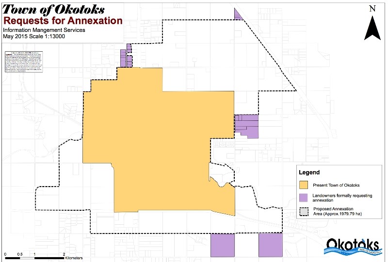 A town map show the proposed annexation boundaries with the land owners who have requested to be included.