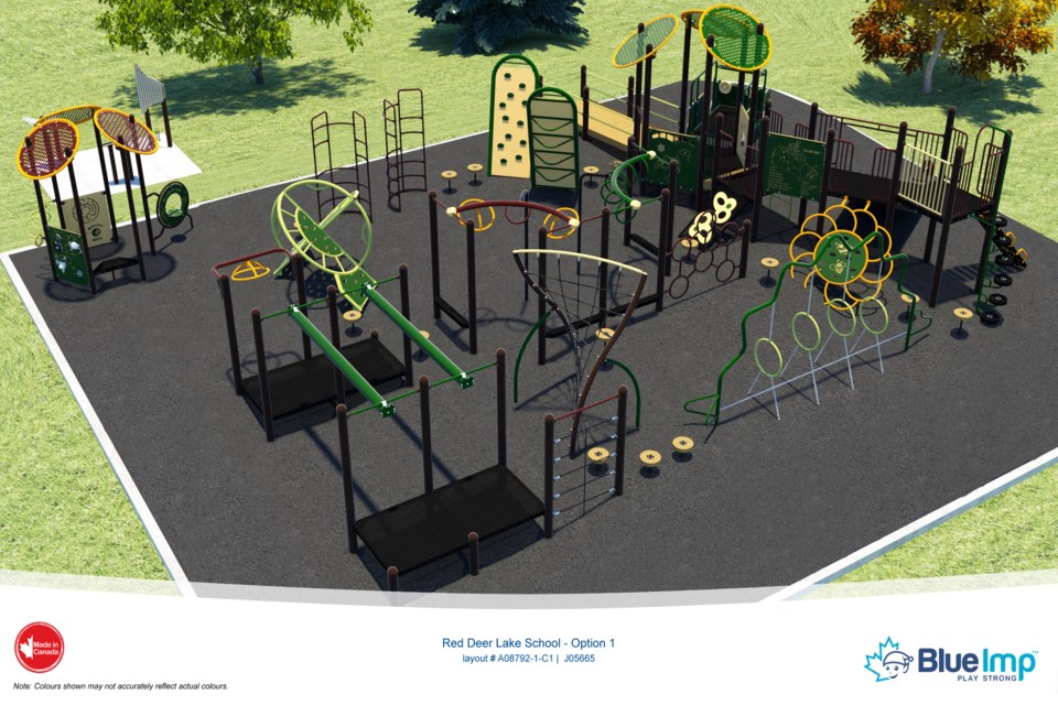 Digital renderings of the playground planned for Red Deer Lake School that is set to be inclusive an accessible for all students and children in the community. 