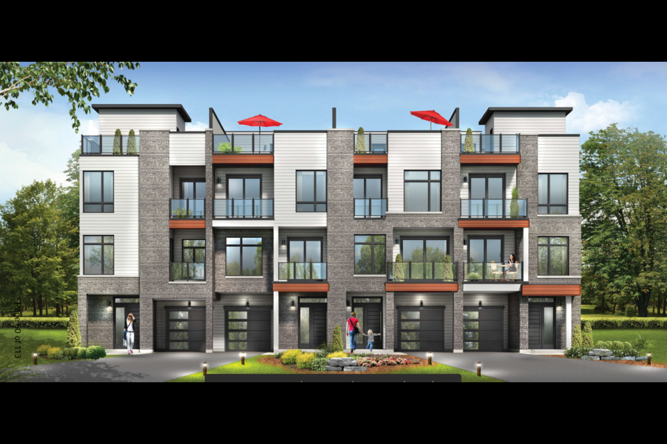 A concept photo for the back-to-back townhomes proposed for 388 West St. N, which will include rooftop terraces.