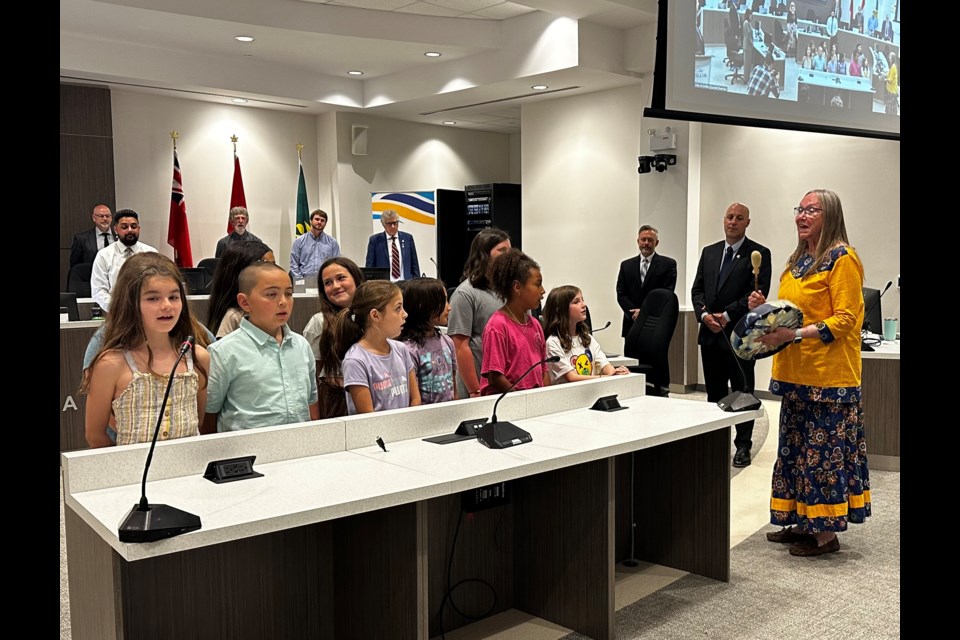 The Mnjikaning Kendaawasin Elementary School Choir sang a rendition of O Canada and the Ojibwe Prayer Song at Monday's council meeting in honour of National Indigenous History Month Monday.