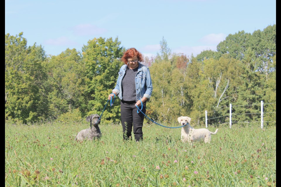 Lillian Tepera is shown with rescue dogs Valen, left, and Rayne at the Horse Sanctuary at Stonegate Farm in Oro-Medonte. Nathan Taylor/OrilliaMatters