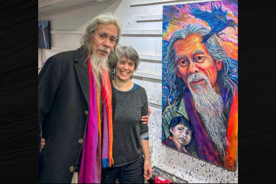 Subject Paul Shilling and artist Amanta Scott in her Toronto studio next to 'Raven - Impression of Paul Shilling', still a work in progress