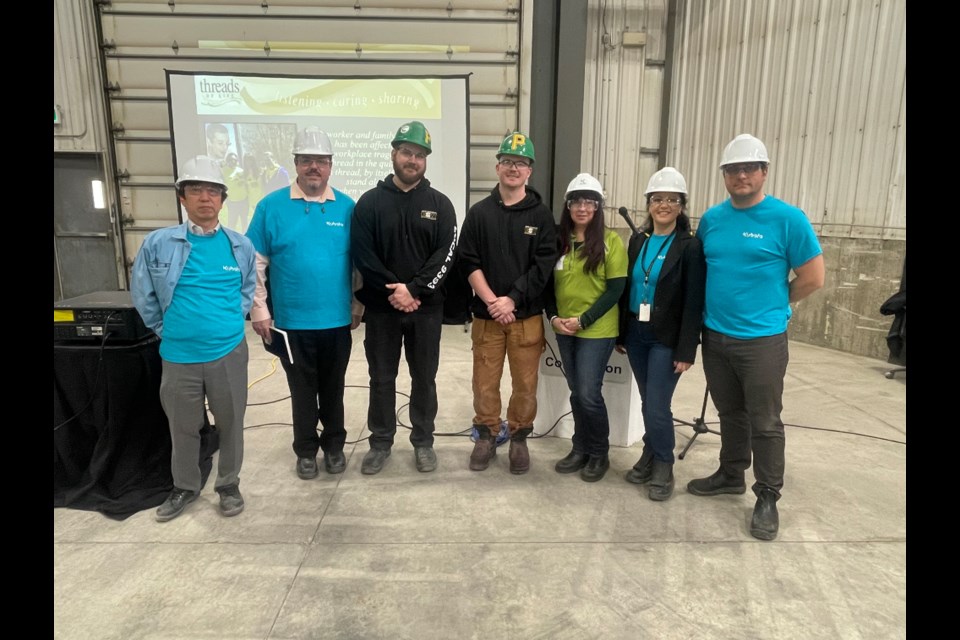 Kubota Materials Canada is celebrating North American Occupational Safety and Health Week. From left are employees Hiroshi Makino, Lee Coville, Braden Petherick, Coddie LeRoux, Thread of Life guest speaker Johanna LeRoux, Katiucia Magalhoes, and Jason Dillman.