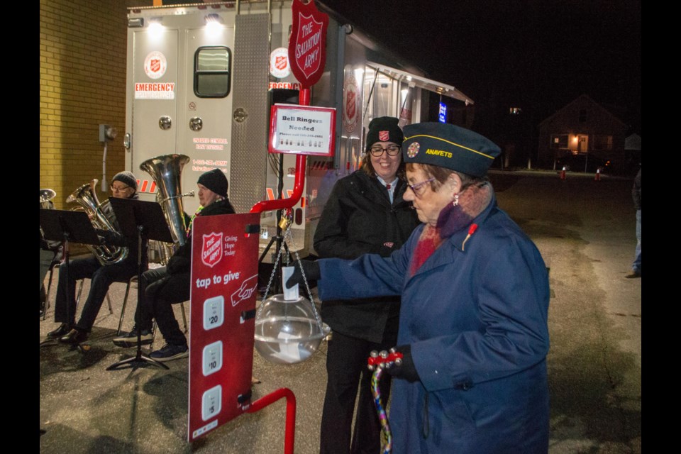 Barbara Allen made one of the first donations of $1,000 to the Salvation Army kettle campaign on behalf of the Army Navy Airforce Veterans Club Unit 400 on Thursday evening.  