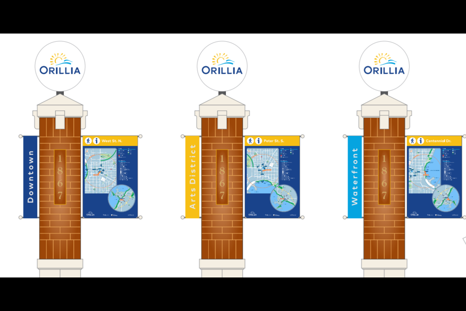 These three district markers will be erected as part of the next phase of the city's wayfinding sign program.