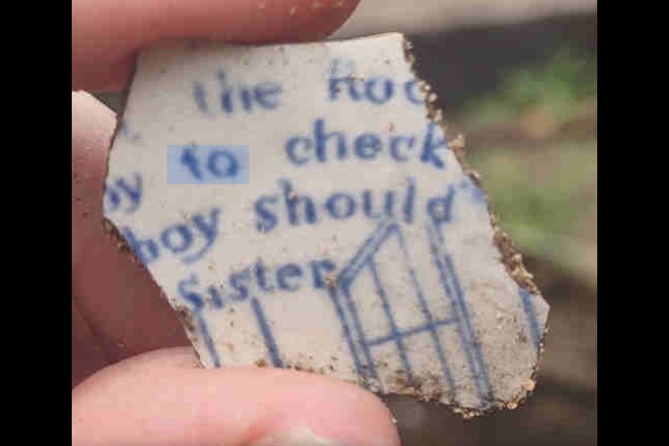 Child’s pearlware plate fragment with printed text from children’s book My Sister, by Mary Belson.