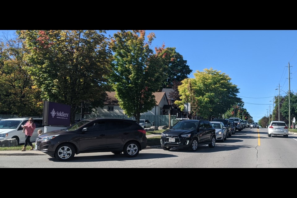More than 40 vehicles were lined up this morning outside the COVID-19 Assessment Centre at Orillia Soldiers' Memorial Hospital. Dave Dawson/OrilliaMatters