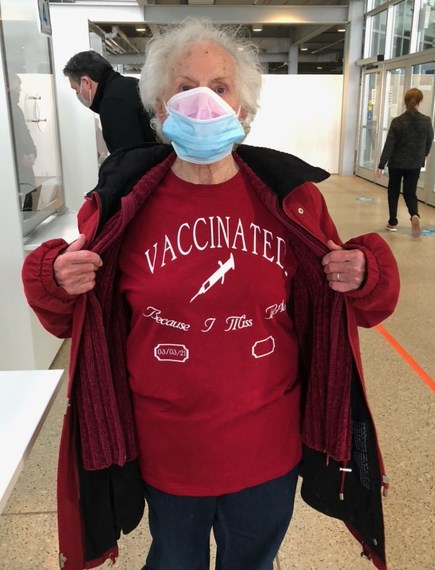 Margaret Wilson was happy to get her vaccination against COVID-19 today. Her shirt explains why she is so happy: She misses people.