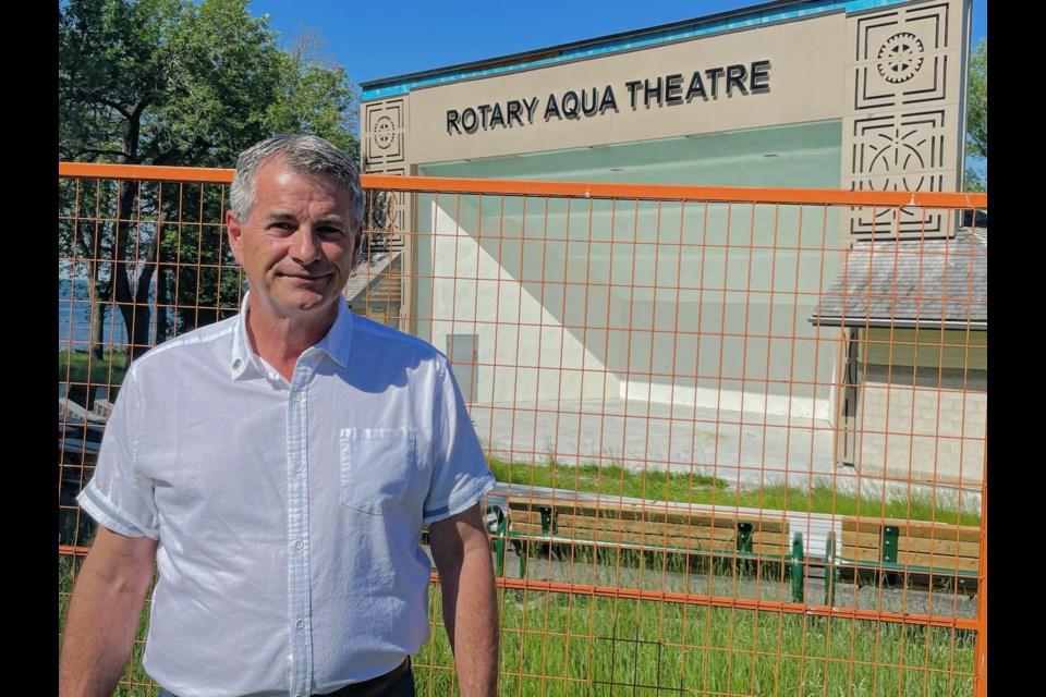 Rotary Club of Orillia president Allan Lafontaine stands in front of the Rotary Aqua Theatre, which is set to reopen in late July.