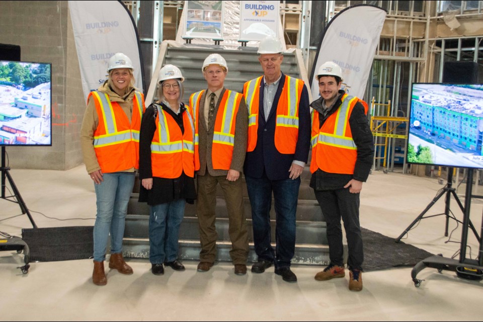 Local dignitaries visited the new affordable housing and community services campus on West Street on West Street this morning. From left are city councillors Whitney Smith, Janet-Lynne Durnford, Ramara Mayor Basil Clarke, Orillia Mayor Don McIsaac, and Counc. Jeff Czetwerzuk. 