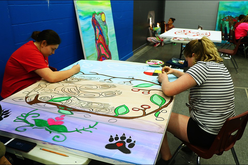 Students at Harriett Todd Public School painted the Seven Grandfathers during a recent art project. Above, working on the Bravery panel is Shylah Meawassige and Emily Scharf.