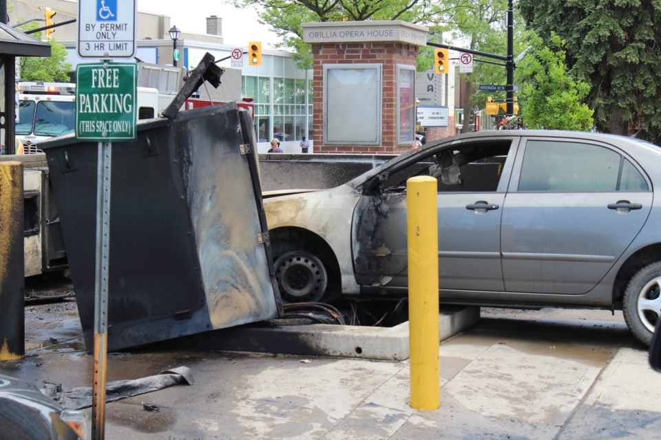 The driver of this car was taken to hospital as a precaution after crashing into a transformer Thursday at the Orillia Opera House. Nathan Taylor/OrilliaMatters