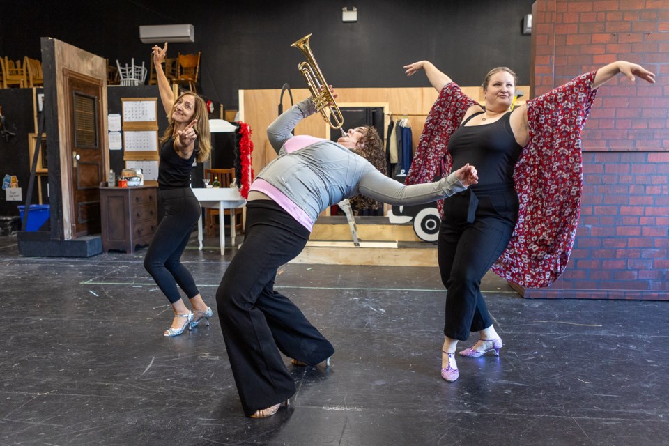 Actors Anna Gagliardi, Laura Macdonald and Stephanie Anderson (Wilson) perform You Gotta Get a Gimmick in rehearsal for Gypsy: A Musical Fable.