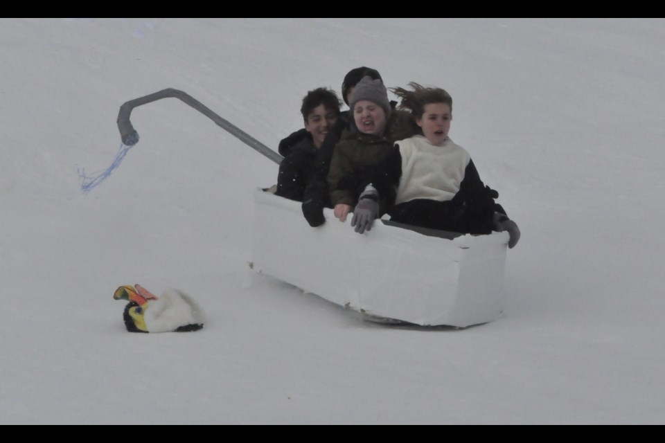 Tayla Nesbitt's bathtub-inspired toboggan, loaded with passengers, races down the toboggan hill at Saturday's Cardboard Toboggan Race. Andrew Philips/OrilliaMatters