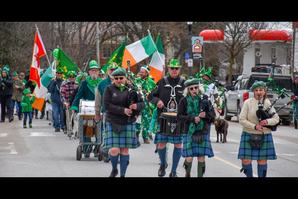 Bagpipers and drummers lead the annual Coldwater St. Patrick’s Day parade down the main street of Coldwater on Sunday afternoon.