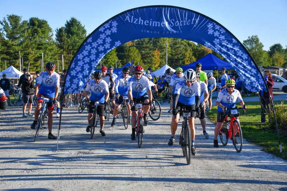 Riders head off during the inaugural Oma’s Ride on Sunday at Quayle’s Brewery in support of the Alzheimer Society of Simcoe County.