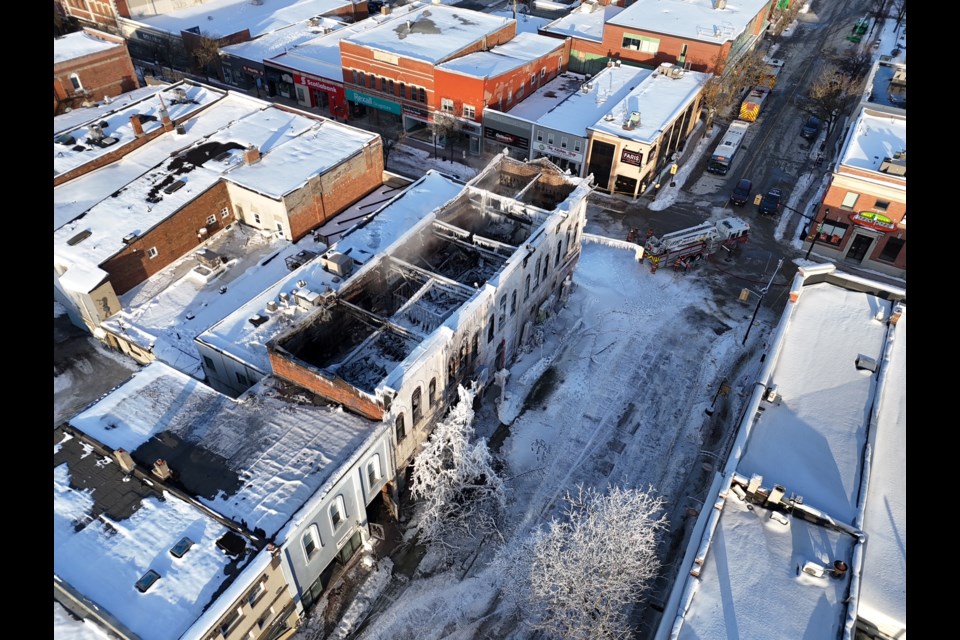 This is an aerial photo, taken Wednesday morning, of the aftermath of the devastating fire on Peter Street in downtown Orillia. The building was a total loss.